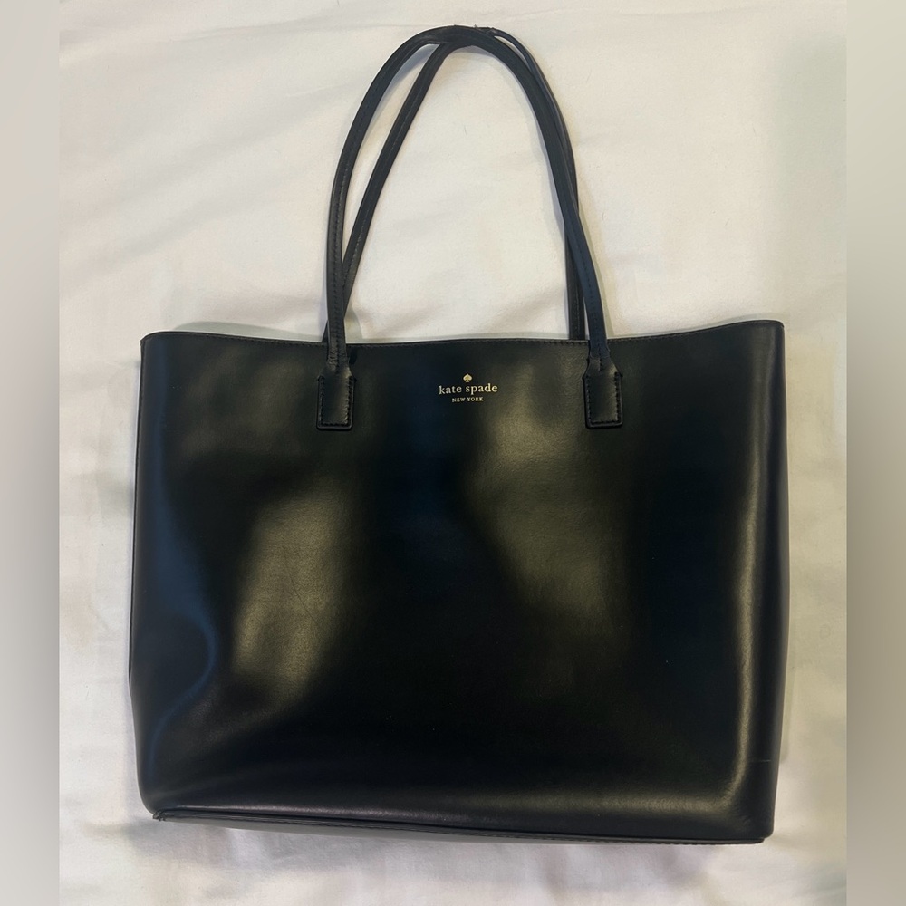 kate spade Black Leather Double-Handle Tote with Gold Logo